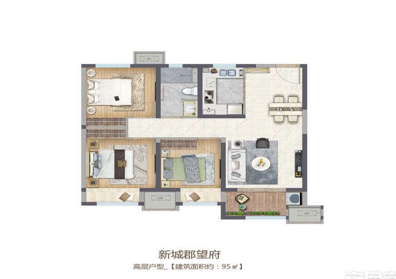 高层A户型 3室2厅1卫1厨 建筑面积约95.00平米